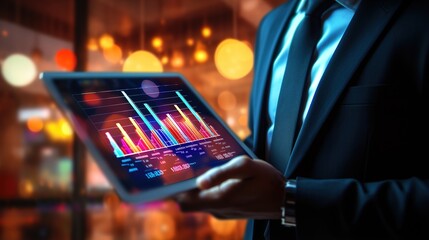 Poster - person typing on a digital tablet computer with graph and analysis. generative ai