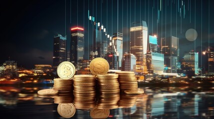 Poster - City Financial Landscape: Stacks of coins stand in the foreground, the cityscape in the background is a visual representation of financial growth and investment.
