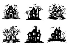 Haunted House Silhouette Collection. Cartoon Halloween Spooky Ghost House. Flat Vector Illustration Set