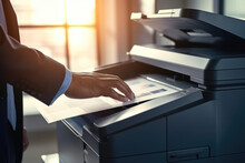 Efficient Office Workflow: Businessman Utilizing Advanced Technology With Multifunction Printer, Scanner, And Copier For Document Processing, Ensuring Productivity And Professionalism In The Workplace