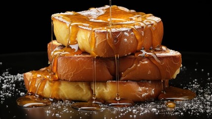 front view french toast with melted maple syrup and fruit topping on it, black background and blur