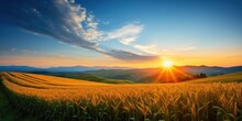 In the rays of the autumn dawn on a hilly landscape, fields of corn under the clouds. AI Generation 