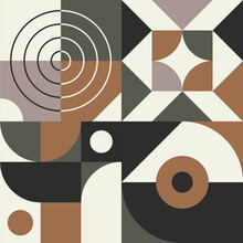 Geometric Pattern Background, Vector Abstract Circles, Triangles And Square Line Art. Green, Black, Brow And Gray Colors, Trendy Pattern Backgrounds