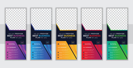 Business Roll Up Banner vector creative design. X banner, x stand, pull up, pop up banner  for marketing and advertising.5 color set of gradient layout. 2023 and 2024 Trending and modern design.
