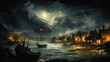 Night Storm in a village by the sea