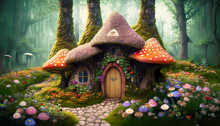  Middle Of The Forest Is A Small  Made Of Mushrooms,beauty Door  In Dense Woodland,  