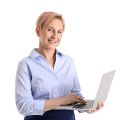 Poster - Mature businesswoman with laptop on white  background