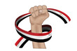 3D illustration. Hand holding flag of Egypt on a fabric ribbon background.