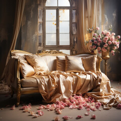  a gold sofa surrounded by rose petals romantic 
