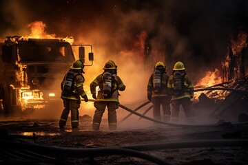 Wall Mural - Teamwork. A group of firefighters while extinguishing a fire. Brave people doing dangerous work. 911