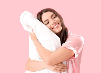 Sticker - Young woman with soft blanket on pink background, closeup