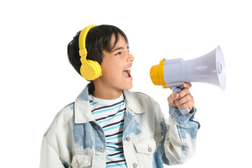 Wall Mural - Little boy with headphones shouting into megaphone on white background