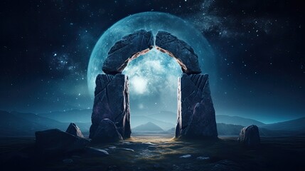 Wall Mural - Portal with stone arches in a desert landscape, moon, digital illustration