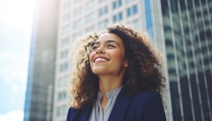 Happy wealthy rich successful black businesswoman standing in big city modern skyscrapers street on sunset thinking of successful vision, dreaming of new investment opportunities.