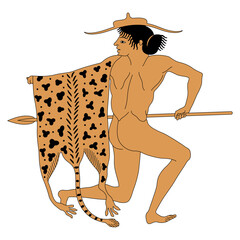 Wall Mural - Ancient Greek character with spear, hat and leopard skin. Fighting warrior, amazon or maenad. Vase painting style. Isolated vector illustration.