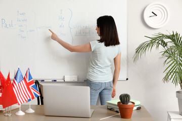 Wall Mural - Female English teacher giving online grammar lesson in classroom