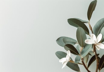 Minimalist WHITE pale leaves on a pale flat background wall — Plants and Leaves — interior design graphic resource with film grain realism — WHITE, GREEN, SIMPLE, GREY — Realistic renders