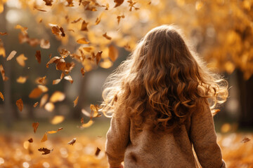 Wall Mural - Back view of a young girl in an autumn park