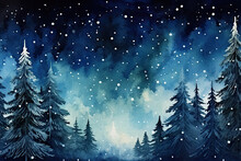 Watercolor Illustration Of A Winter Forest At Night