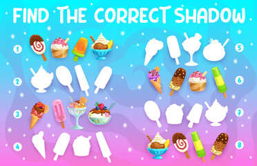 Poster - Find correct shadow of cartoon ice cream chocolate stick and vanilla cone, sundae and fruit juice ice pop, vector puzzle game. Shadow match worksheet with frozen sweet ice cream scoops in wafer cones