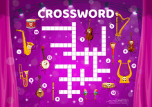 Crossword Quiz Game Grid With Musical Instruments. Vocabulary Riddle, Crossword Wordsearch Puzzle Or Kids Game Vector Worksheet With Drum, Saxophone, Banjo, Violin And Harp, Vuvuzela Funny Characters