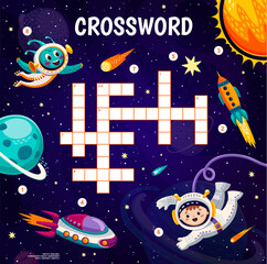 Poster - Crossword quiz game grid. Cartoon galaxy space vector landscape with planets, rocket, astronaut and spaceship, alien, star, meteor and sun word puzzle worksheet. Astronomy kids education game quiz