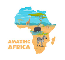 Cartoon African Animals On Map Of Africa For Travel Poster, Vector Savanna Background. African Giraffe, Zebra And Hippopotamus With Cheetah Jaguar In Savannah For Safari Adventure Or World Travel Maps