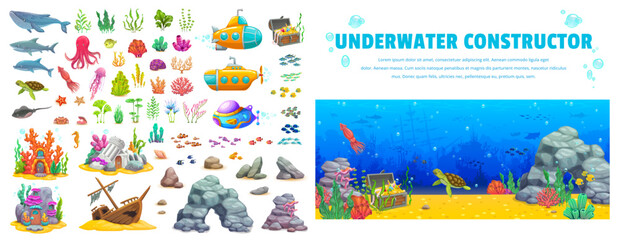 Underwater landscape constructor kit. Cartoon animals, seaweeds, submarines and fairytale houses. Vector tropical fish shoals, octopus, whale, shark and dolphin, treasure chest, sunken ship, rocks set