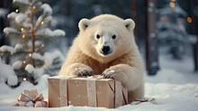 Happy Bear Snowman Wiht Gift Box Christmas  On The Snow Generative AI