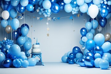 Wall Mural - Boys party birthday 3d backdrop, in the style of Blue Boy party - themed elements like blue flags, nice decoraion, festive atmosphere, bright color style balloons, kids style