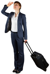 Poster - Digital png photo of caucasian businesswoman with suitcase on transparent background