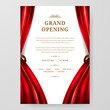 Grand opening with red curtain and golden ornament decoration poster announcement party stage theatre with white background