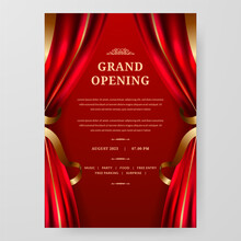 Grand Opening With Red Curtain And Golden Ornament Decoration Poster Announcement Party Stage Theatre With Red Background