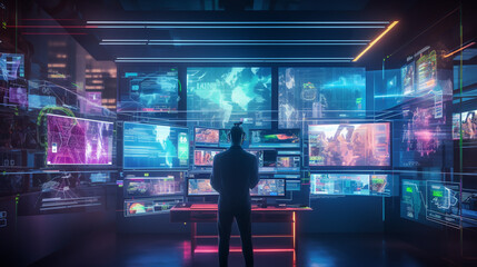 Wall Mural - Neural Nexus: AI Specialist Harnessing Cloud Infrastructure in Futuristic Data Hub. Streamlined Computing with Digital Evolution and Server Integration. AI-Driven Solutions, Immersive Virtual Reality