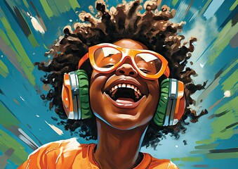 A painting of a smiling person wearing orange glasses and headphones radiates joy and creative expression, inviting the viewer to be a part of the art