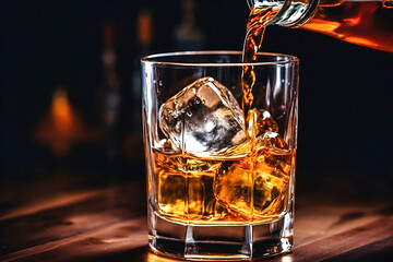 Wall Mural - The bartender pours whiskey into a glass with ice on the bar counter. close-up. Blurred background. Elite alcoholic drink.