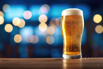 Wall Mural - A tall, chilled glass of beer with a SALTED RIM on a bar blue bokeh background ambient, lights. Generative AI