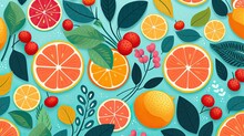 Colorfull Fruit And Leaves Pattern Background.