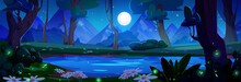 Lake In Forest Night Cartoon Background. Panoramic Landscape Of Water Pond Surrounded By Trees, Green Grass And Flowers Against Mountains In Moonlight . Night Fantasy Natural Scene With Fireflies