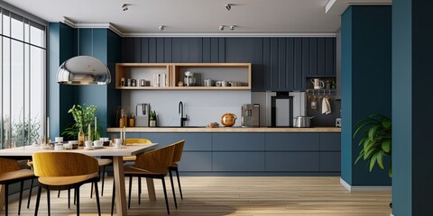 Modern style kitchen interior design with dark blue wall,dining room interior design, Generative AI