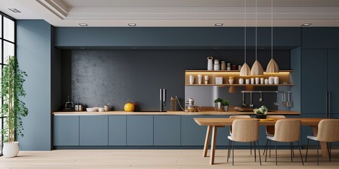 Modern style kitchen interior design with dark blue wall,dining room interior design, Generative AI