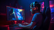© AspctStyle - Professional male esports streamer playing online game computer with headphones, Room Lit by Neon Lights in Retro Arcade Style