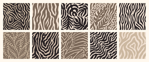 Abstract Zebra and Floral Tropical Seamless Patterns Set in Neutral Beige Colors. Vector Palm Leaves and Zebra Print