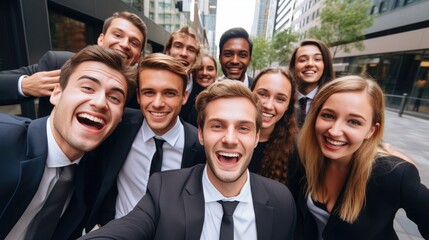 Happy multicultural group of male and female business people taking a selfie together. Generative AI