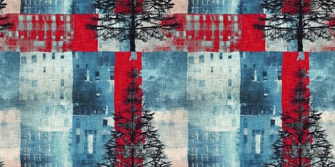 Grunge americana Christmas tree red blue white cottage style seamless border. Festive grunge distress cloth effect for cozy winter home decor. 