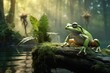 frog sitting on the stone  in nature landscape near lake. generative ai