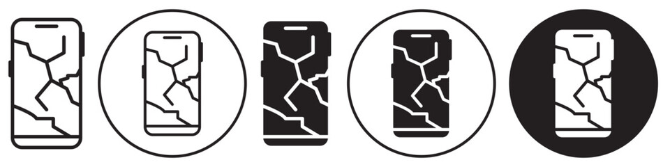 Poster - Broken Phone screen icon. Symbol of damaged smartphone display. Vector set of mobile protection glass break or having scratch. Flat outline of touch repair or fix