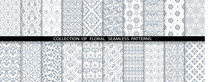 Geometric Floral Set Of Seamless Patterns. White And Gray Vector Backgrounds. Damask Graphic Ornaments