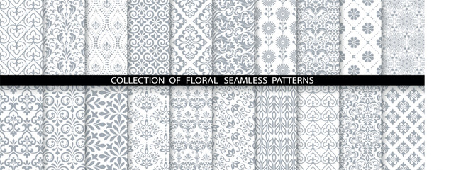 geometric floral set of seamless patterns. white and gray vector backgrounds. damask graphic ornamen