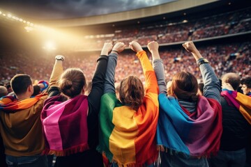 Group of football fans are cheering for their team victory mix colour t shirt. Generative ai